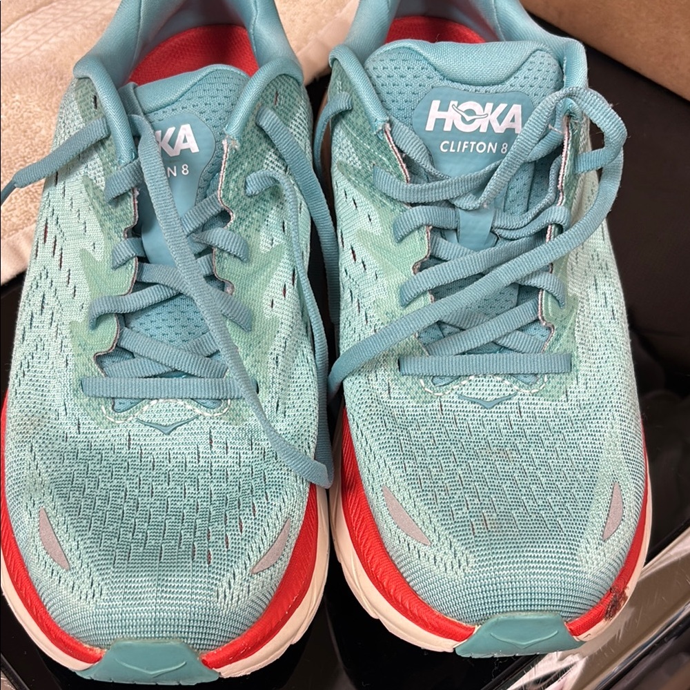 Hoka Blue and Red Athletic Shoes with Cushioned Sole
